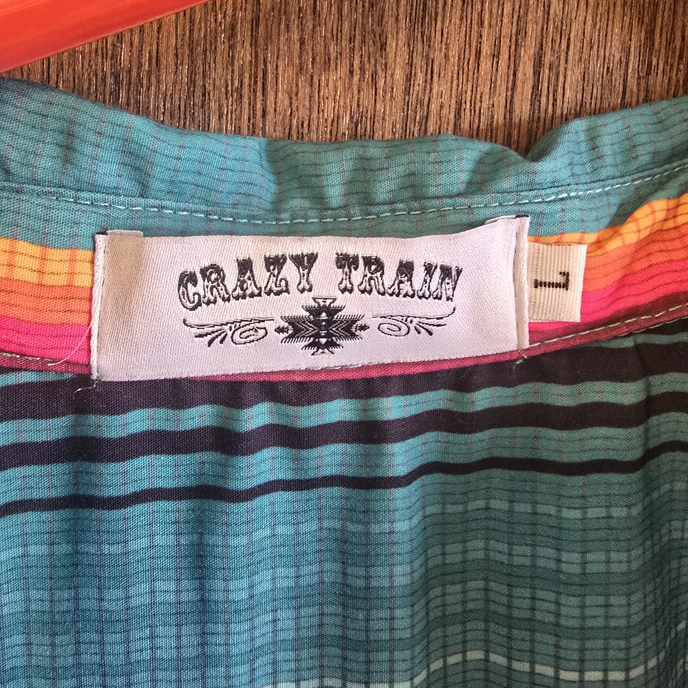 Crazy Train Multistripe Button-Front Long Shirt Dress - Teal, Pink, Orange - Picture 2 of 3